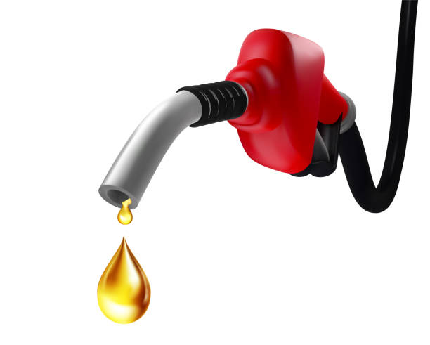 istock Gasoline red fuel pump nozzle isolated with drop oil on white background,petrol pistol with handle hose diesel oil company economy Realistic oil drop 2204652403