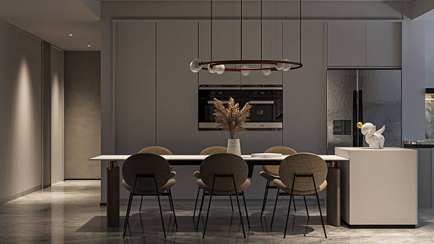 istock Modern Minimalist Dining Room with Statement Chandelier and Neutral Palette 2204653791