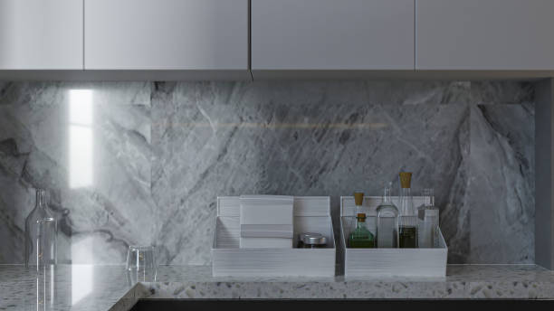 istock Minimalist Kitchen Countertop with Marble and Geometric Storage 2204653803