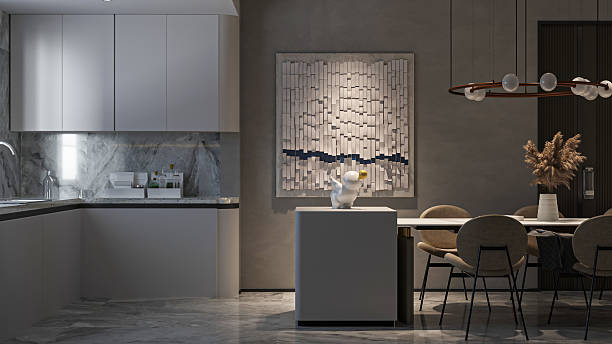 istock Modern Kitchen and Dining Space with Abstract Art and Unique Sculpture 2204653804