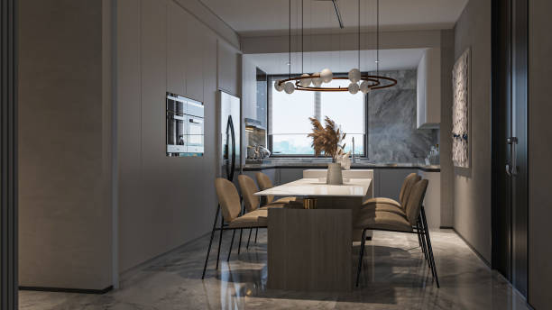 istock Modern Dining Room with Kitchen View, Chandelier, and Integrated Appliances 2204653806