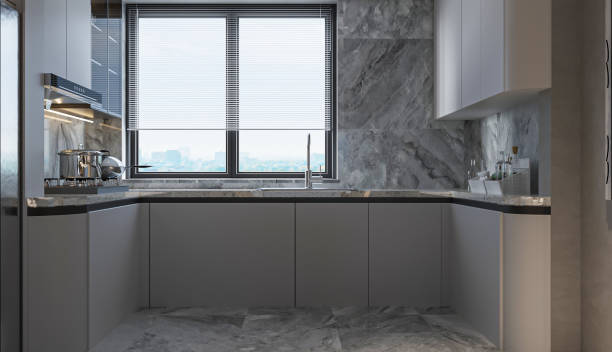 istock Modern Kitchen with Marble Accents and City View 2204653819