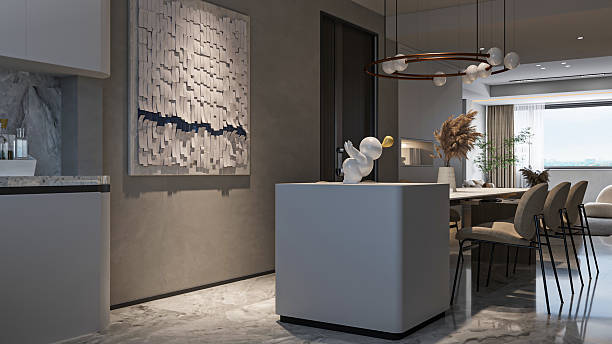 Modern Open Concept Dining and Kitchen with Abstract Art, Sculptural Centerpiece, and Designer Chandelier