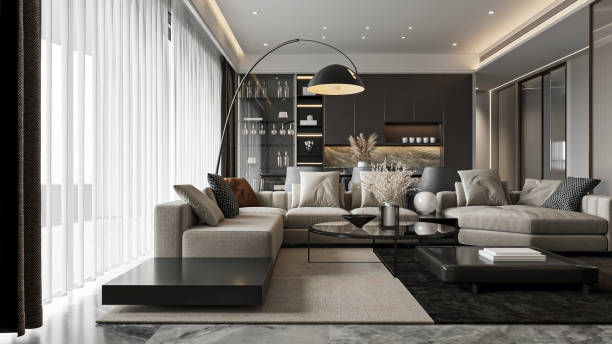 istock Modern Living Room with Sectional Sofa, Arc Lamp, and Dark Accents 2204653961