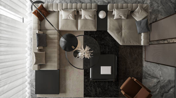 istock Modern Minimalist Living Room with Sectional Sofa, Overhead View 2204653975