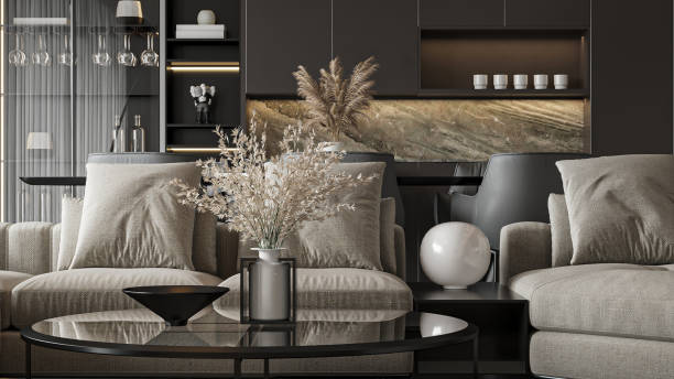 istock Modern Dark-Themed Living Room with Textured Sofa and Decorative Elements 2204653977