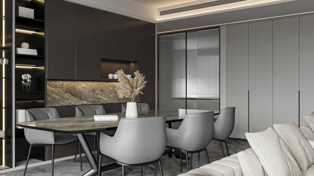 istock Modern Dining Area with Built-in Storage and Fluted Glass Partition 2204653983