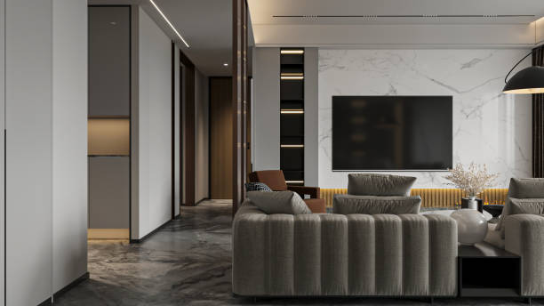 istock Modern Living Room Perspective with Fluted Sofa and Marble TV Wall 2204653995