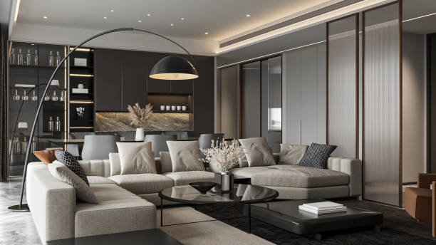 istock Modern Open Plan Living with Arc Lamp and Fluted Glass Partition 2204653996