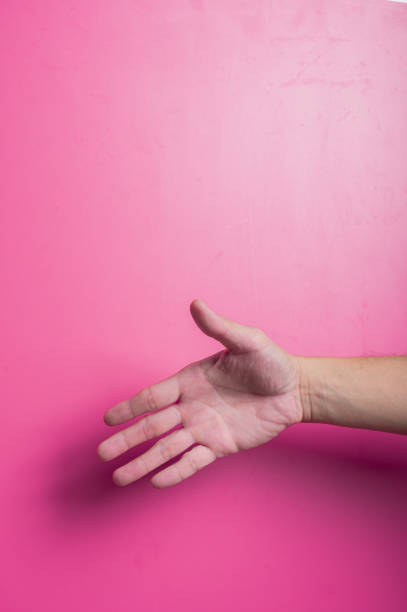 istock Asian hand held open in a palm-forward position as if offering a handshake, captured against a smooth pink background, symbolizing greeting, openness, connection, or cooperation in communication. 2204657358