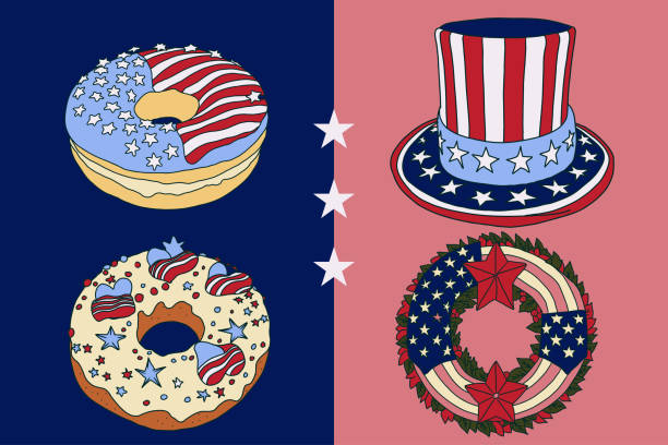 istock Hand drawn vector American patriotic clipart. Wreath, donut, uncle Sam hat. 2204661931