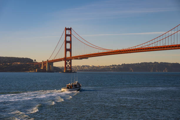 Experience the breathtaking sunset over the Golden Gate Bridge in San Francisco, California, with city lights reflecting on the bay. This iconic landmark offers a stunning view of the illuminated suspension bridge, vibrant sky, and scenic waterfront.