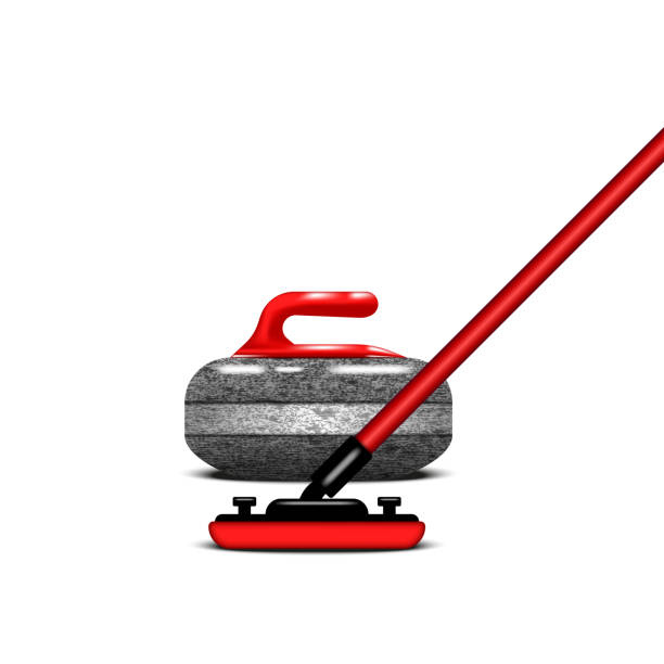 istock Realistic curling stone with sweeping broom isolated on white background, professional winter sport equipment for strategic game on ice, detailed vector 3d illustration of competition tools. 2204666008
