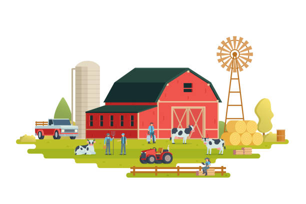 istock Farm scenery vector illustration. Livestock animal farm landscape with farm elements. 2204667449