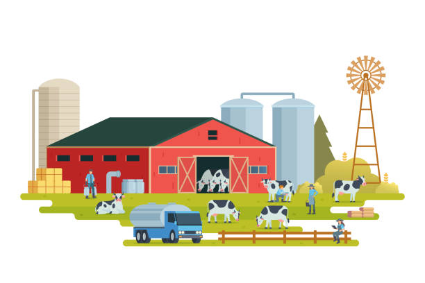 istock Farm scenery vector illustration. Livestock animal farm landscape with farm elements. 2204667543