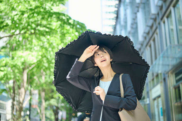 A 30-something female office worker walking with an umbrella