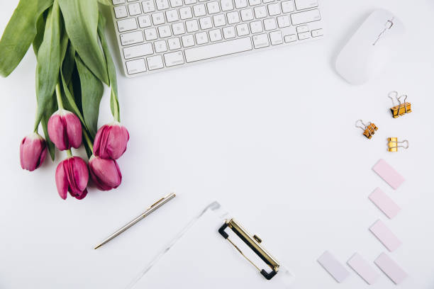 istock Flat lay, top view office table desk frame. Feminine desk workspace with succulent, laptop, glasses, diary and golden clips on white background 2204672449