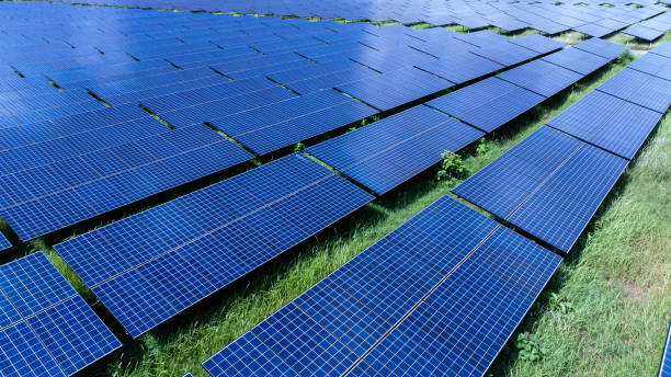 istock Aerial view of solar panel farm 2204673278