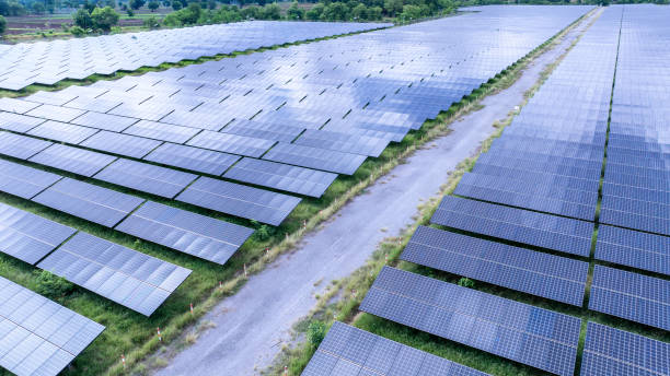 istock Aerial view of solar panel farm 2204673285