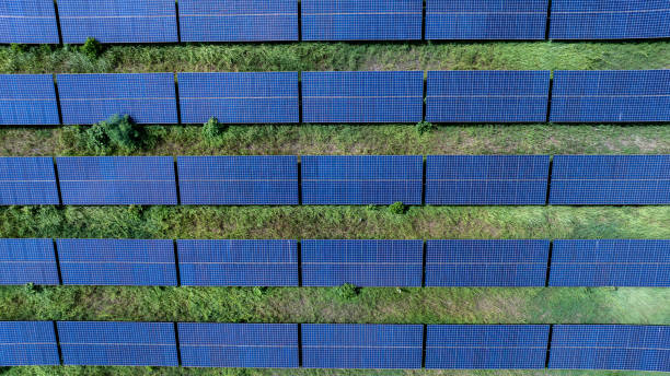 istock Aerial view of solar panel farm 2204673320