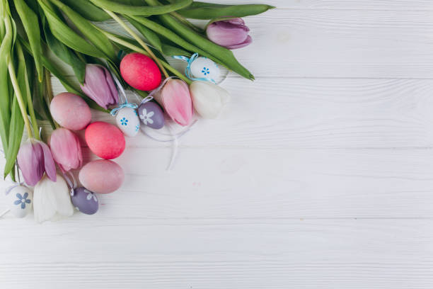 istock Easter composition with colored eggs and tulips on a white wooden background. 2204676405