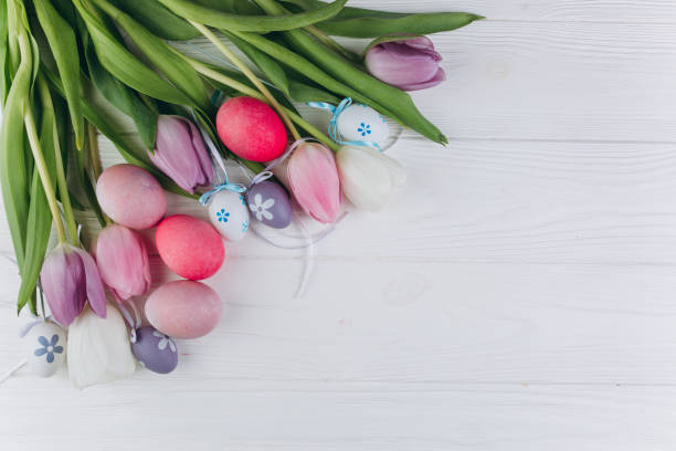 istock Easter composition with colored eggs and tulips on a white wooden background. 2204676412