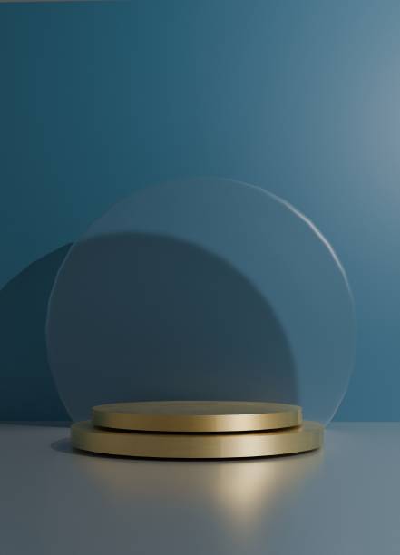 istock 3D Render A gold and clear pedestal with a blue background 2204681037