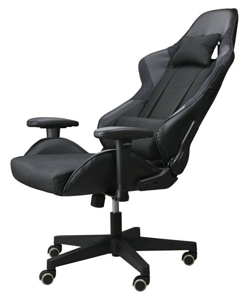 istock Black gaming chair on wheels with high back isolated on a white background. Completely in focus. Full depth of field. 2204683071
