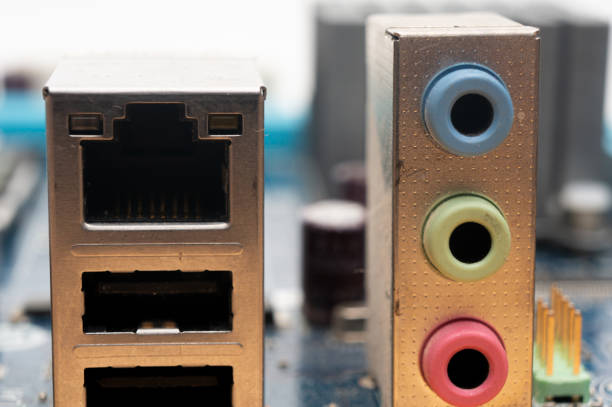 Connectors soldered on the board for connecting peripheral devices in close-up