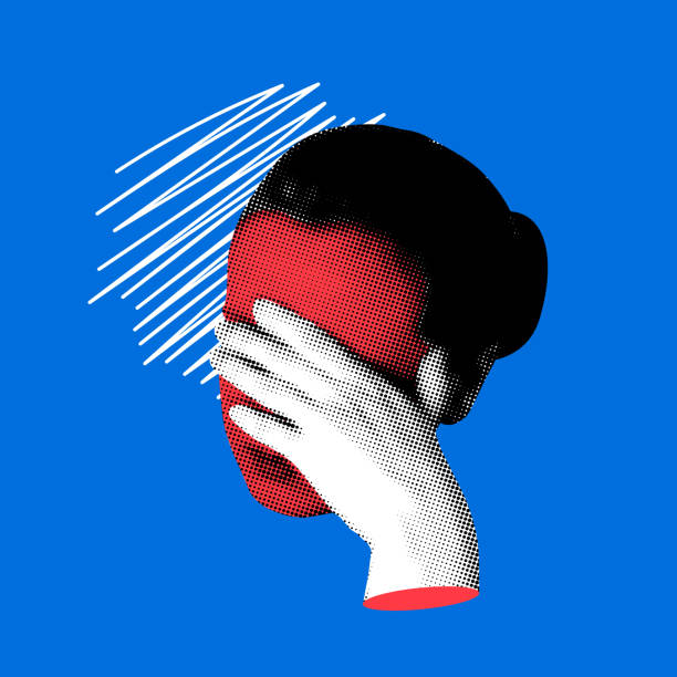 ilustraciones, imágenes clip art, dibujos animados e iconos de stock de collage moderno. agotamiento laboral. la mujer tiene dolor de cabeza. mujer cansada y estresada - avergonzamiento