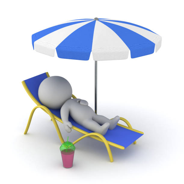 Relaxing 3D Character with Lounge Chair, Drink, and Umbrella. Isolated on white background.