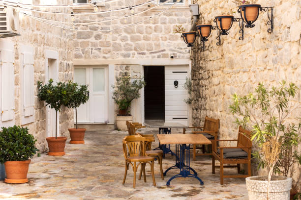 istock Perast, Montenegro street in old town and cafe 2204701040