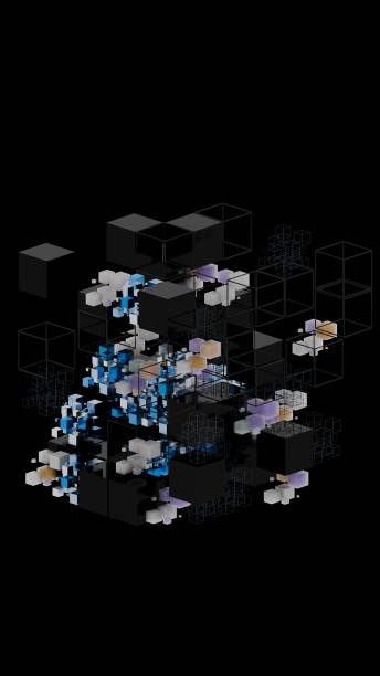 istock Complex arrangement of black, wireframe, and colored cubes forming a floating 3D structure on a black background, creating a futuristic, minimal, and conceptual design. 2204706005