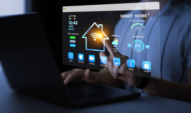 istock Person using digital dashboard of smart home app for control home appliances. Technology assistant for smart devices,intelligent house or smart home technology. 2204707818