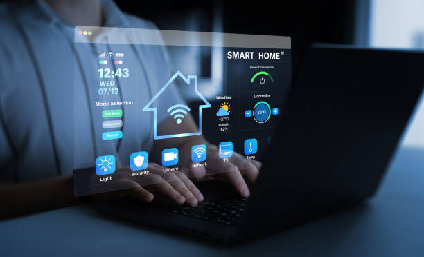 istock Person using digital dashboard of smart home app for control home appliances. Technology assistant for smart devices,intelligent house or smart home technology. 2204707855