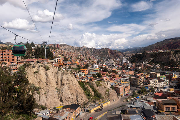 La Paz, Bolivia, October 16, 2023: Aerial view of the town of La Paz on a sunny day.