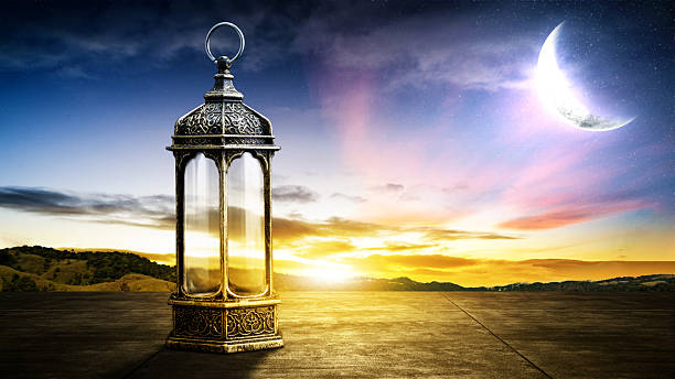 istock Traditional Arabic lantern with crescent moon view on night scene background. Copy space or mockup. Concept of Eid Al Fitr and Ramadan Mubarak. Islamic background 2204713100