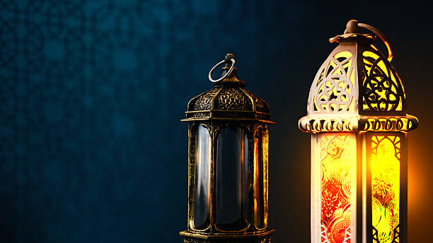 istock Traditional Arabic lantern with geometric seamless pattern wall background. Copy space or mockup. Concept of Eid Al Fitr and Ramadan Mubarak. Islamic background 2204713152