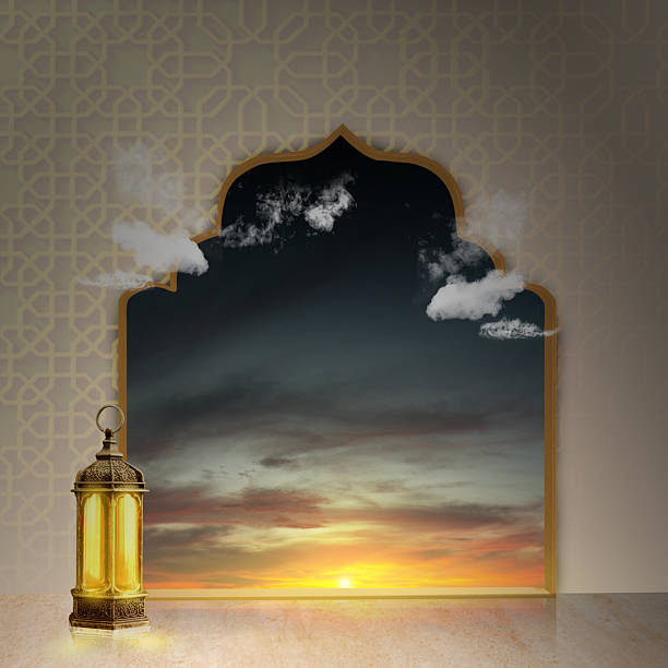 istock Traditional glowing Arabic lantern with mosque dome arch pattern and sunset scene background. Copy space or mockup. Concept of Eid Al Fitr and Ramadan Mubarak. Ramadan kareem background 2204713295