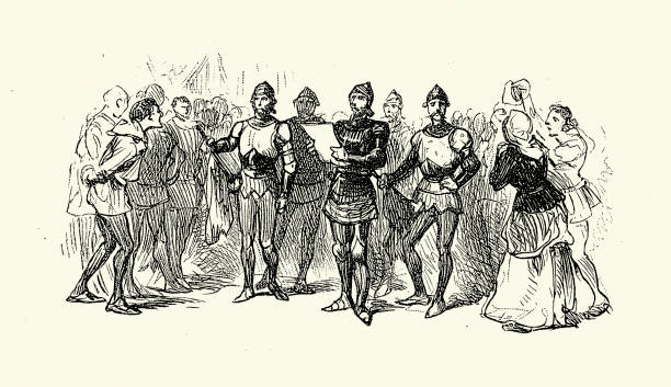 istock Medieval knight reading proclamation to a crowd of people 2204713588
