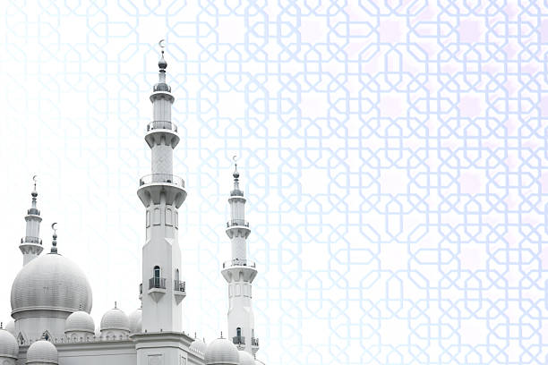 View of the mosque with geometric seamless pattern wall background. Copy space or mockup. Concept of Eid Al Fitr and Ramadan Mubarak. Ramadan kareem background