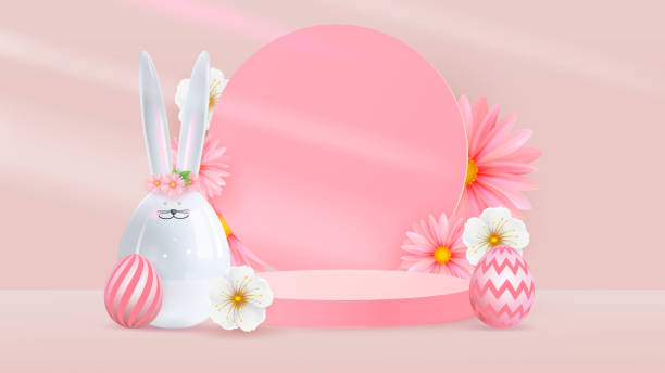 istock Happy Easter banner for product display. Pink pedestal or podium with Easter eggs and bunny on pink background. Vector illustration 2204721192