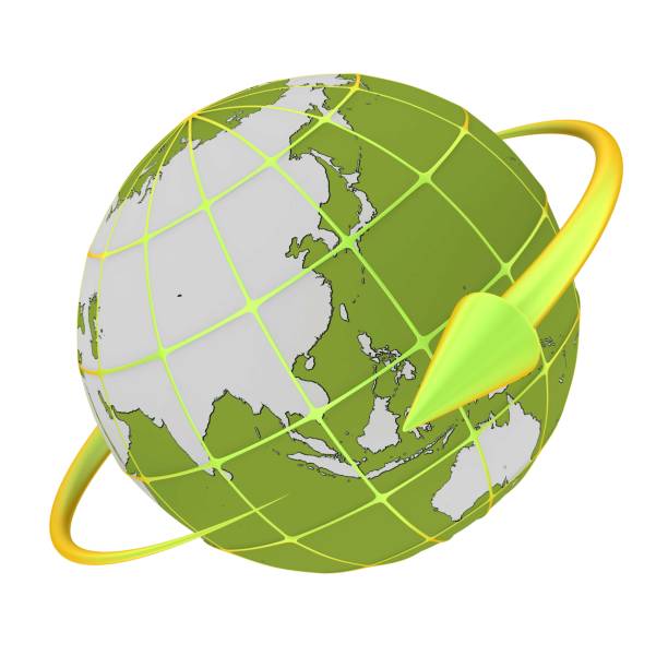 3d render.  A stylized portrayal of a green globe with bright yellow orbiting lines, emphasizing environmental consciousness and global interconnectedness. The vibrant colors express technology, innovation, sustainability, and worldwide interaction concepts.
