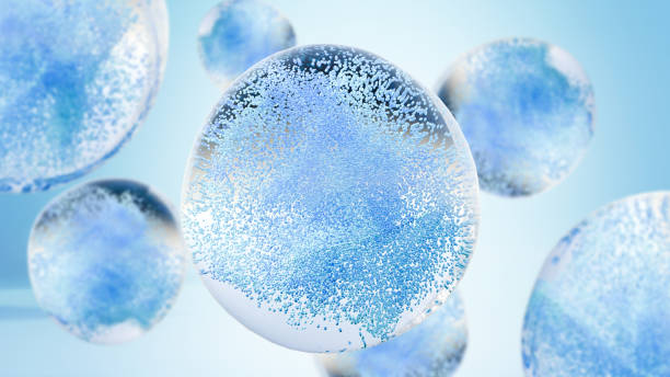 istock Essential Oil Bubbles for cosmetics in water, blue liquid bubbles distorted, fluid flow. Collagen, atoms floating, Moisturizing Cream, Skin Serum, Vitamin, beauty concept, illustration, 3d render 2204728141