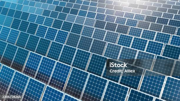 Modern Solar Array Aerial View Of Solar Panel Array In A Sunlit Modern Power Facility ...