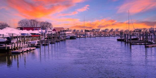 Marina and coastal village sunset landscape on New England of America