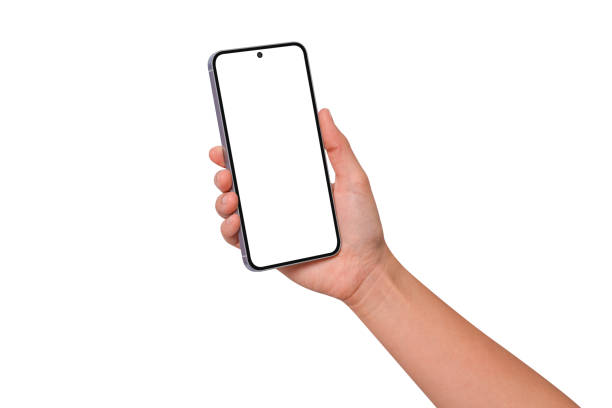 istock Hand holding smartphone with blank screen isolated on white background. 2204741953