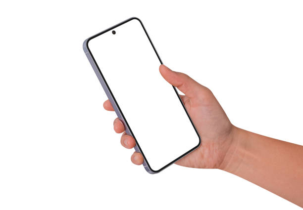 istock Hand holding smartphone with blank screen isolated on white background. 2204741960