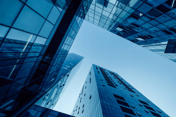 Modern Glass Architecture with Skyscrapers in Beijing, China Viewed Upwards stock photo