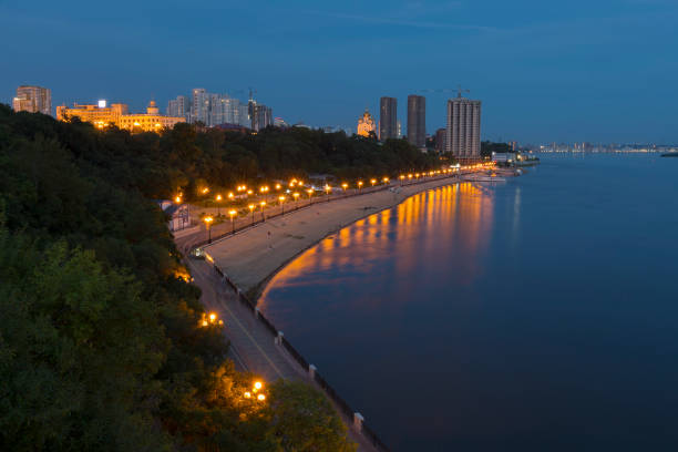 Amur River embankment with evening illumination. Khabarovsk stock photo